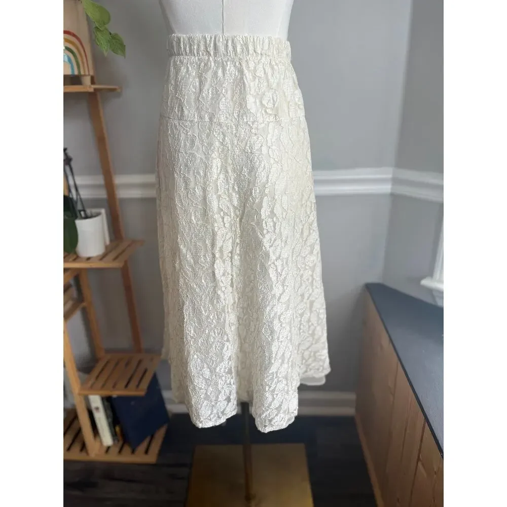 Vintage 90s Lace Skirt Knee Length White Gold Size Small - Picture 5 of 6